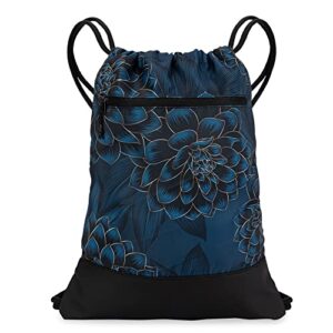 drawstring backpack for women | durable lightweight gym backpack with graphic designs | great for drawstring bags for the gym, travel, and overnights | teal/black - dahlia flower
