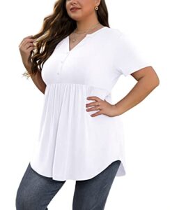 shijiali women's plus size henley shirts v neck button tunic tops casual short sleeve swing flowy blouse white-xx-large