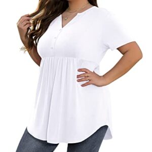 SHIJIALI Women's Plus Size Henley Shirts V Neck Button Tunic Tops Casual Short Sleeve Swing Flowy Blouse White-XX-Large