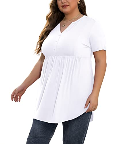 SHIJIALI Women's Plus Size Henley Shirts V Neck Button Tunic Tops Casual Short Sleeve Swing Flowy Blouse White-XX-Large