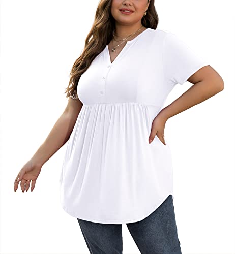 SHIJIALI Women's Plus Size Henley Shirts V Neck Button Tunic Tops Casual Short Sleeve Swing Flowy Blouse White-XX-Large