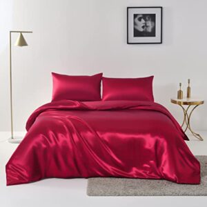 ydtwnyq 3 pcs burgundy red satin silky duvet cover queen size luxury silky bedding set super soft solid color 90"x90" duvet cover,2 pillowcases(queen,burgundy red)