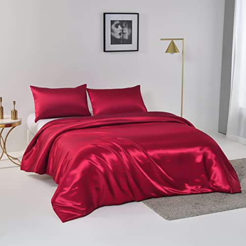 Ydtwnyq 3 PCS Burgundy Red Satin Silky Duvet Cover Queen Size Luxury Silky Bedding Set Super Soft Solid Color 90"x90" Duvet Cover,2 Pillowcases(Queen,Burgundy Red)