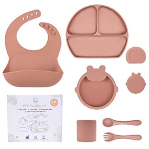 cottonbebe baby silicone feeding set, toddler plates and bowls sets, self feeding spoon fork bib cup, divided baby led weaning supplies, first stage solid food infant utensils, fresh pink