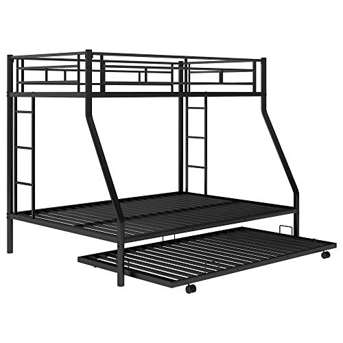 Harper & Bright Designs Bunk Bed with Trundle, Metal Bed Frame with Ladder, Safety Sturdy Guardrail for Kids, Teen, No Box Spring Needed (Twin Over Full,Black)