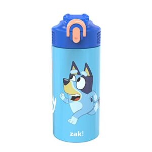 zak! bluey - stainless steel vacuum insulated water bottle - 14 oz - durable & leak proof - flip-up straw spout & built-in carrying loop - bpa free