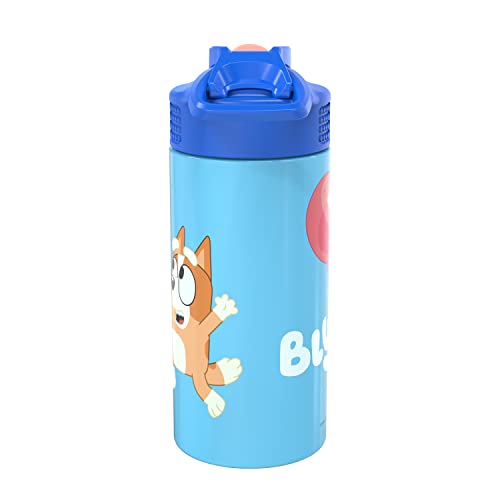 zak! Bluey - Stainless Steel Vacuum Insulated Water Bottle - 14 oz - Durable & Leak Proof - Flip-Up Straw Spout & Built-In Carrying Loop - BPA Free