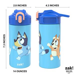 zak! Bluey - Stainless Steel Vacuum Insulated Water Bottle - 14 oz - Durable & Leak Proof - Flip-Up Straw Spout & Built-In Carrying Loop - BPA Free