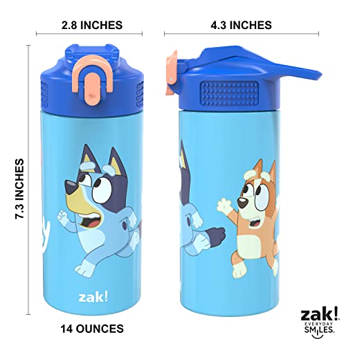 zak! Bluey - Stainless Steel Vacuum Insulated Water Bottle - 14 oz - Durable & Leak Proof - Flip-Up Straw Spout & Built-In Carrying Loop - BPA Free