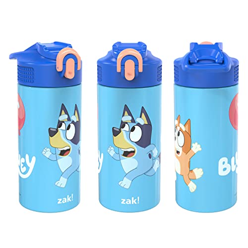 zak! Bluey - Stainless Steel Vacuum Insulated Water Bottle - 14 oz - Durable & Leak Proof - Flip-Up Straw Spout & Built-In Carrying Loop - BPA Free