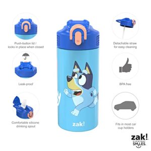 zak! Bluey - Stainless Steel Vacuum Insulated Water Bottle - 14 oz - Durable & Leak Proof - Flip-Up Straw Spout & Built-In Carrying Loop - BPA Free
