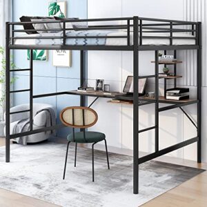 softsea full high loft bed with desk and shelves for small space, metal loft bed for kids teens, indsutrial style