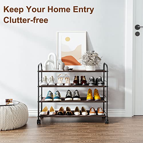 FANHAO 4-Tier Shoe Rack with Wheels, Rolling Shoe Organizer Adjustable Fabric Shoe Shelf Storage Organizer 16-20 Pair, Fits Boots, High Heels, Slippers and More (Bronze)