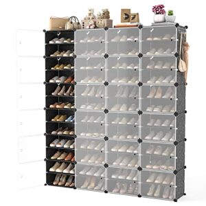 wexcise portable shoe rack organizer with door, 96 pairs shoe storage cabinet easy assembly, plastic adjustable shoe storage organizer stackable detachable free standing diy expandable 12 tier black