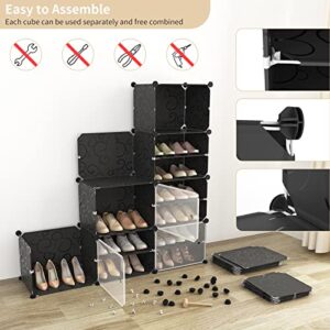 WEXCISE Portable Shoe Rack Organizer with Door, 96 Pairs Shoe Storage Cabinet Easy Assembly, Plastic Adjustable Shoe Storage Organizer Stackable Detachable Free Standing DIY Expandable 12 Tier Black