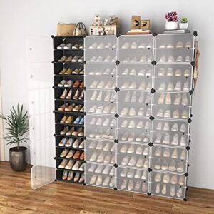 WEXCISE Portable Shoe Rack Organizer with Door, 96 Pairs Shoe Storage Cabinet Easy Assembly, Plastic Adjustable Shoe Storage Organizer Stackable Detachable Free Standing DIY Expandable 12 Tier Black
