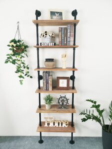 anynice industrial ladder pipe shelves, wall mounted rustic bookshelf, retro metal wood bookcases (weathered brown, 6 tier - 10" d x 24" w x 82.5" h)