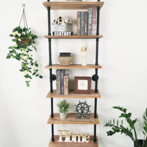 Anynice Industrial Ladder Pipe Shelves, Wall Mounted Rustic Bookshelf, Retro Metal Wood Bookcases (Weathered Brown, 6 Tier - 10" D x 24" W x 82.5" H)