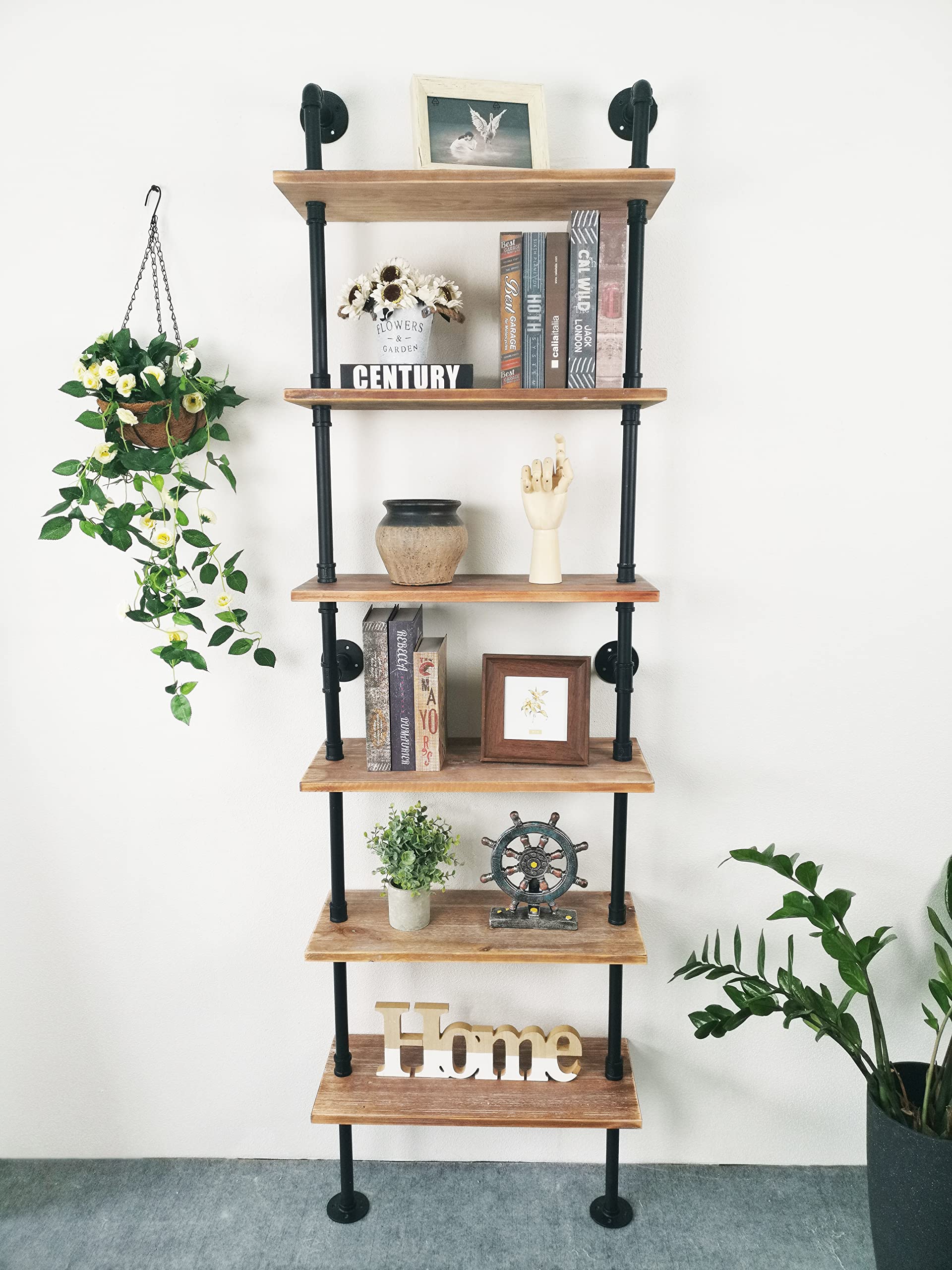 Anynice Industrial Ladder Pipe Shelves, Wall Mounted Rustic Bookshelf, Retro Metal Wood Bookcases (Weathered Brown, 6 Tier - 10" D x 24" W x 82.5" H)