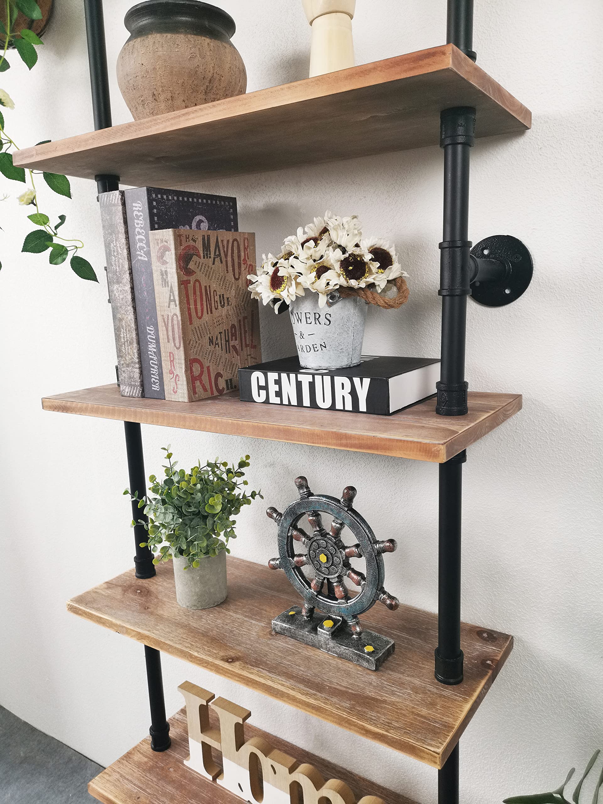 Anynice Industrial Ladder Pipe Shelves, Wall Mounted Rustic Bookshelf, Retro Metal Wood Bookcases (Weathered Brown, 6 Tier - 10" D x 24" W x 82.5" H)