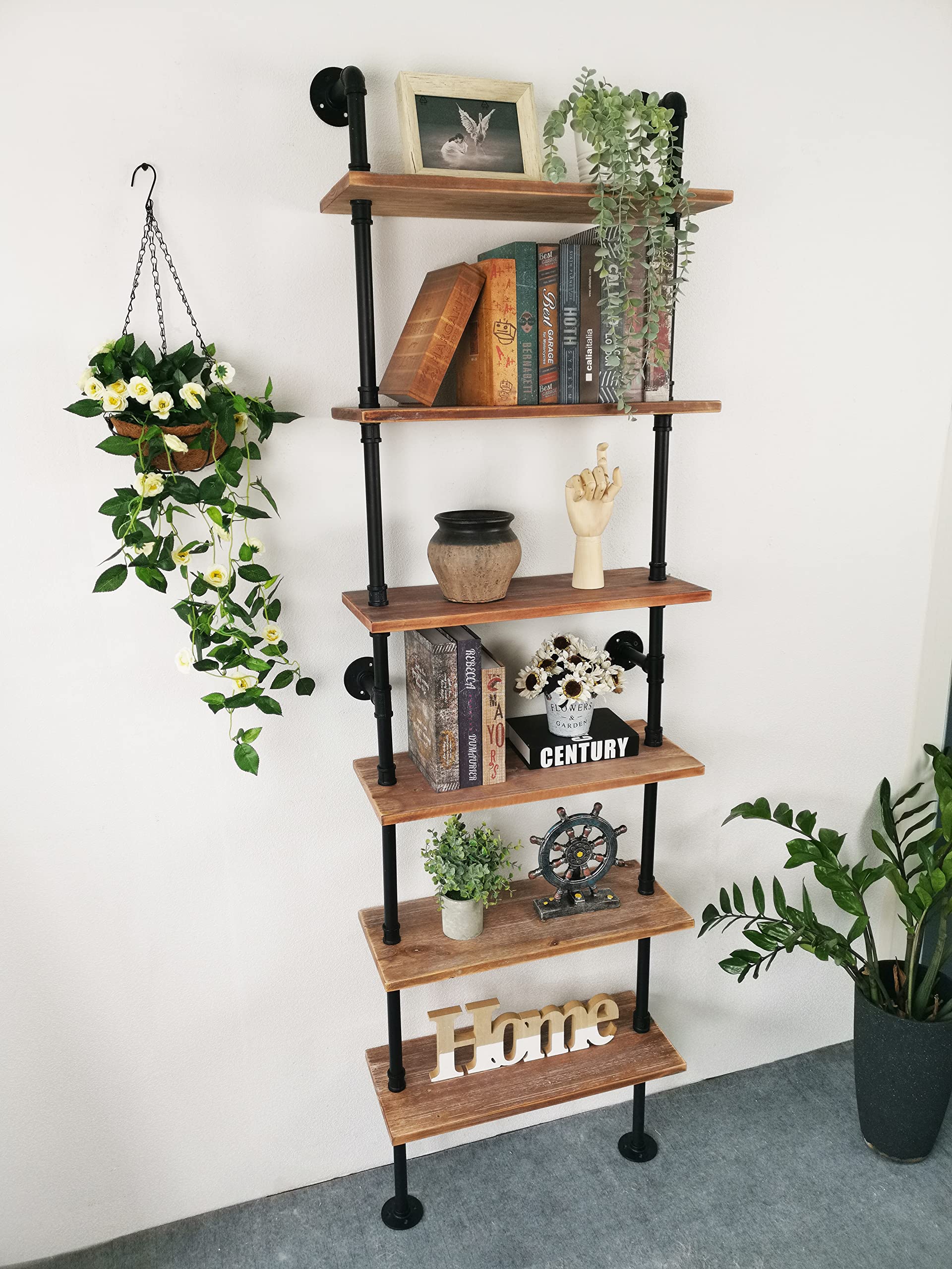 Anynice Industrial Ladder Pipe Shelves, Wall Mounted Rustic Bookshelf, Retro Metal Wood Bookcases (Weathered Brown, 6 Tier - 10" D x 24" W x 82.5" H)