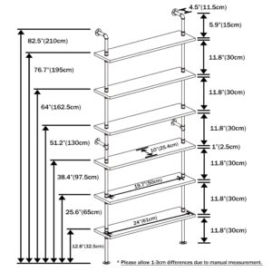 Anynice Industrial Ladder Pipe Shelves, Wall Mounted Rustic Bookshelf, Retro Metal Wood Bookcases (Weathered Brown, 6 Tier - 10" D x 24" W x 82.5" H)