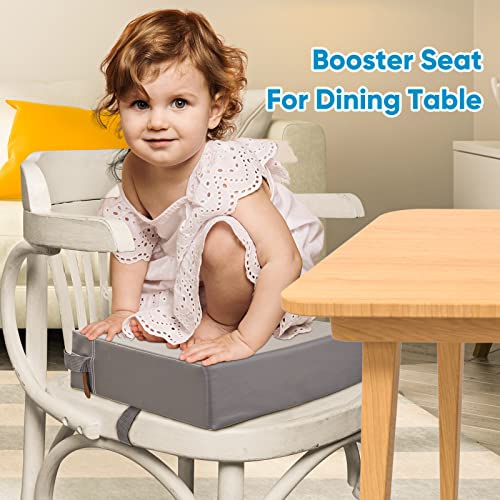 Toddler Booster Seat for Dining Table, Upgraded Sponge PU Waterproof Non-Slip Bottom Booster Seat Dining Toddler with 2 Adjustable Straps, Portable Travel Booster Seat for Table Toddler (Grey)