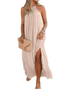 faroro womens long dress sleeveless boho casual dresses lace casual halter gown split loose cover up halter maxi sundress apricot