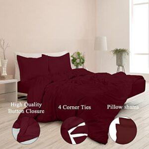 ROYALE Burgundy Duvet Cover Queen Size - Washed Duvet Cover Set, 3 Piece Double Brushed Duvet Covers with Button Closure & Corner Ties - 1 Duvet Cover 90x90 inches and 2 Pillow Shams - Comforter Cover