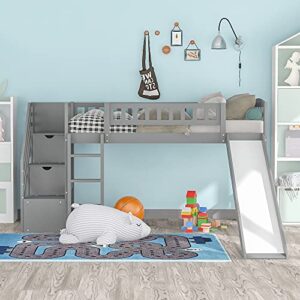 twin loft bed with slide, wooden low loft bed with stairs and storage for kids girls boys teens - gray