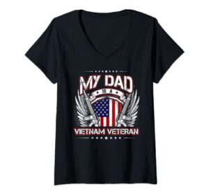 womens military vetarans gift tee my dad is a vietnam veteran v-neck t-shirt