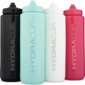 hydra cup - 4 pack - 32oz squeeze water bottles bulk set, bpa free, for sports, cycling, bike, quick squirt hydration, shaker cup wire whisk included