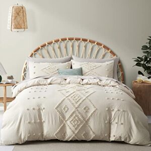 oli anderson tufted duvet cover king size, soft and lightweight duvet covers set for all seasons, 3 pieces boho embroidery shabby chic bedding set (beige, king, 104’’ x 90’’)