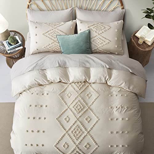 Oli Anderson Tufted Duvet Cover King Size, Soft and Lightweight Duvet Covers Set for All Seasons, 3 Pieces Boho Embroidery Shabby Chic Bedding Set (Beige, King, 104’’ x 90’’)