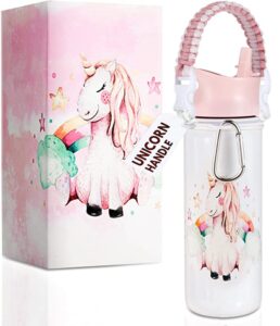 unicorn water bottle, 18 oz, leak proof, 36 hours cold, dishwasher safe, removable handle, wide mouth double wall vacuum insulated stainless steel water bottle for school, straw, bottle for girls