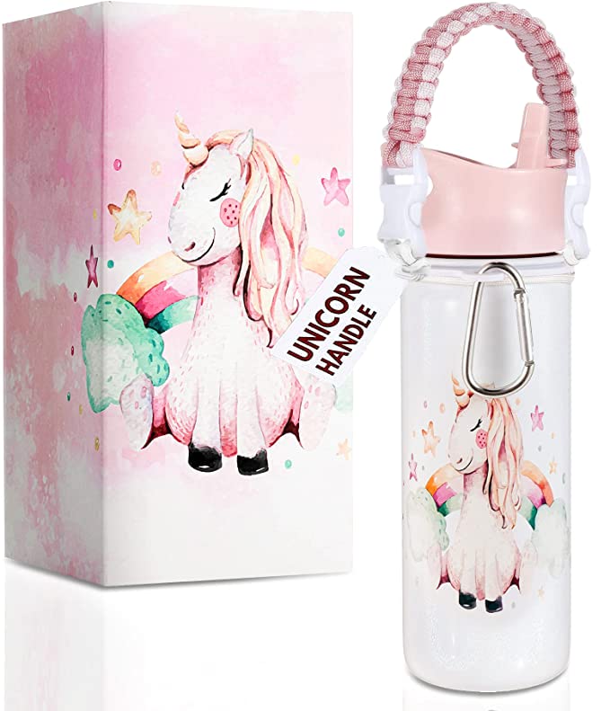 Unicorn Water Bottle, 18 OZ, Leak Proof, 36 Hours Cold, Dishwasher safe, Removable Handle, Wide Mouth Double Wall Vacuum Insulated Stainless Steel Water Bottle For School, Straw, Bottle For Girls