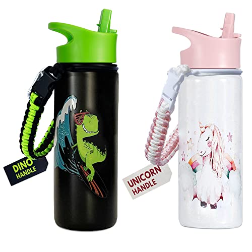 Unicorn Water Bottle, 18 OZ, Leak Proof, 36 Hours Cold, Dishwasher safe, Removable Handle, Wide Mouth Double Wall Vacuum Insulated Stainless Steel Water Bottle For School, Straw, Bottle For Girls