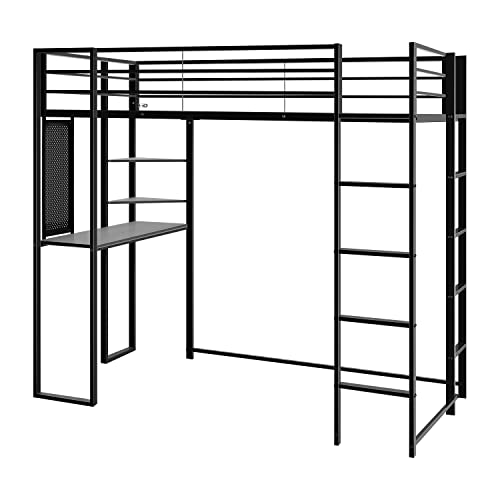 ADOVA Twin Loft Bed with Desk and Shelves for Teens Adult,Loft Bed Frame with 2 Built-in Ladders,12.2" H Safety Guardrail,Noise Free,No Box Spring Needed,72.01'' H x 57.09'' W x 79.53'' L