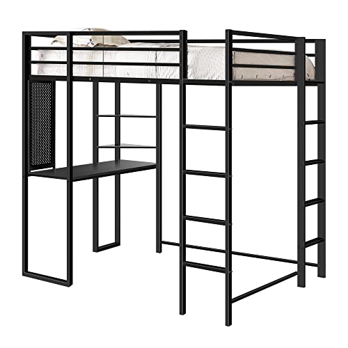 ADOVA Twin Loft Bed with Desk and Shelves for Teens Adult,Loft Bed Frame with 2 Built-in Ladders,12.2" H Safety Guardrail,Noise Free,No Box Spring Needed,72.01'' H x 57.09'' W x 79.53'' L