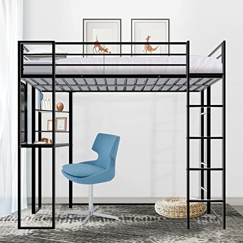 ADOVA Twin Loft Bed with Desk and Shelves for Teens Adult,Loft Bed Frame with 2 Built-in Ladders,12.2" H Safety Guardrail,Noise Free,No Box Spring Needed,72.01'' H x 57.09'' W x 79.53'' L