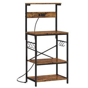 superjare kitchen bakers rack with power outlet, coffee bar table 4 tiers, kitchen microwave stand with 6 s-shaped hooks, kitchen storage shelf rack for spices, pots and pans - rustic brown
