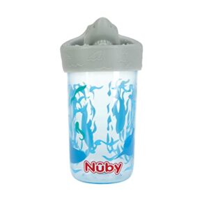 nuby no spill 3d character sippy cup with soft touch flo silicone top, 12 ounce, shark (prints may vary)