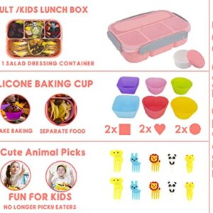 Bento Lunch Box for Kids Adult,4 Compartment Bento Box Containers with Fun Accessories Thick Silicone Food Cake Cups, Cute Food Picks for Kids,Easy to Clean (PINK)