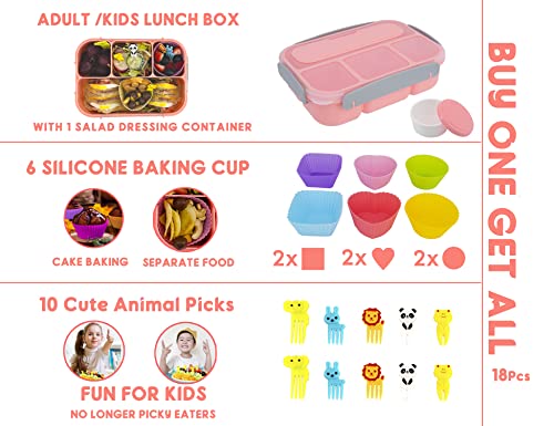 Bento Lunch Box for Kids Adult,4 Compartment Bento Box Containers with Fun Accessories Thick Silicone Food Cake Cups, Cute Food Picks for Kids,Easy to Clean (PINK)