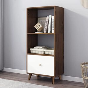 iotxy 3-tier open shelves bookcase - 47 inches height modern floor standing cubes wooden low bookshelf with storage drawer and legs, walnut