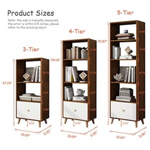 IOTXY 3-Tier Open Shelves Bookcase - 47 Inches Height Modern Floor Standing Cubes Wooden Low Bookshelf with Storage Drawer and Legs, Walnut