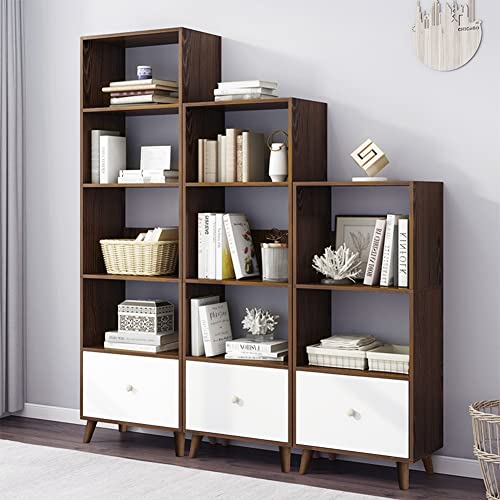 IOTXY 3-Tier Open Shelves Bookcase - 47 Inches Height Modern Floor Standing Cubes Wooden Low Bookshelf with Storage Drawer and Legs, Walnut