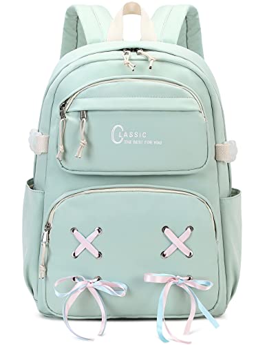 El-fmly Casual Travel Daypack Water Resistant School Bookbag Backpack with Cute Ribbon for Students Girls Teens (Lightgreen)