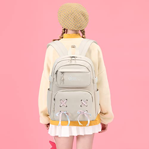 El-fmly Casual Travel Daypack Water Resistant School Bookbag Backpack with Cute Ribbon for Students Girls Teens (Lightgreen)