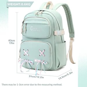 El-fmly Casual Travel Daypack Water Resistant School Bookbag Backpack with Cute Ribbon for Students Girls Teens (Lightgreen)